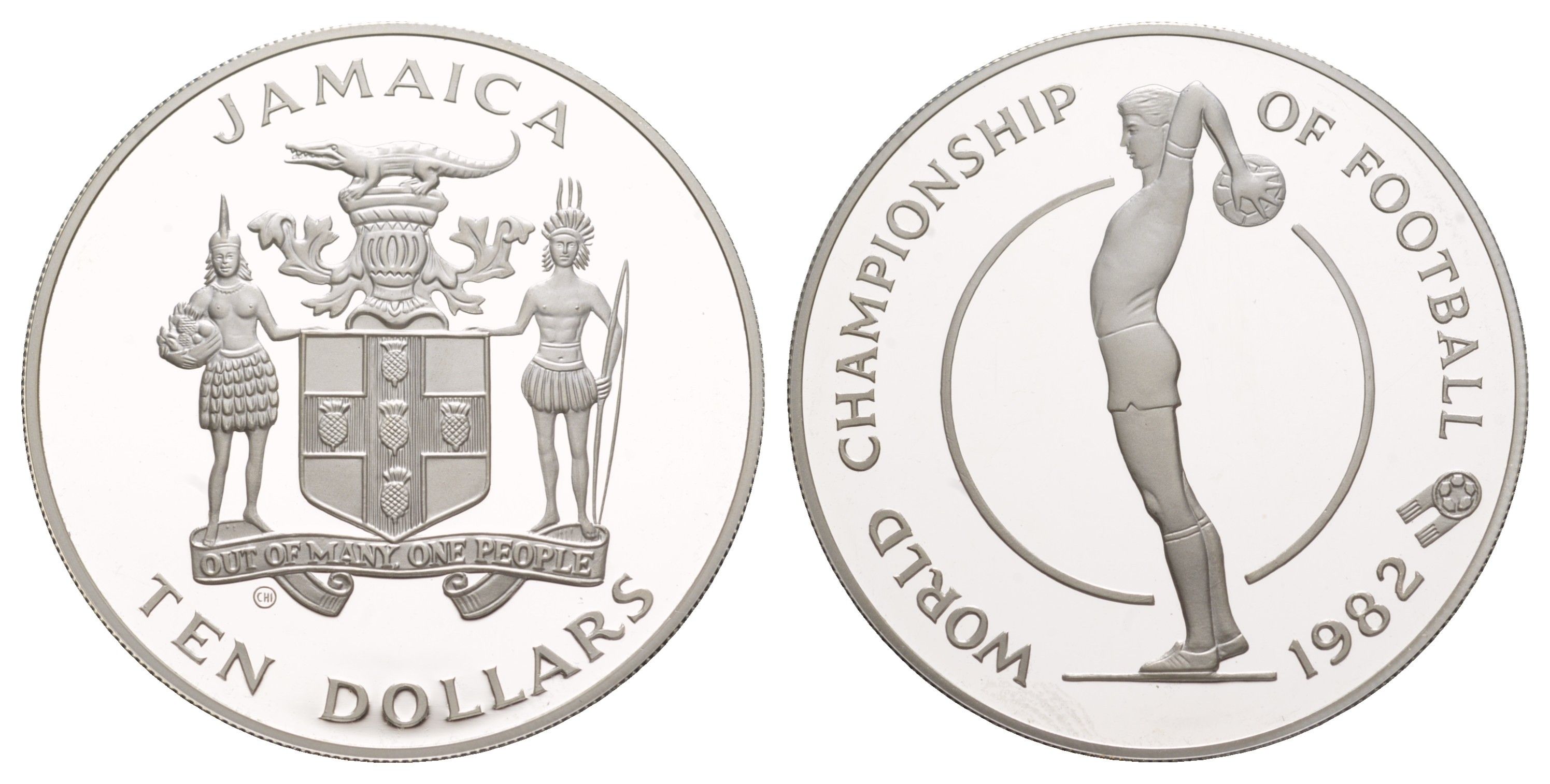 Ямайка 10 долларов 1982 Чемпионат мира по футболу 1982 KM 98 серебро PROOF 1079-2-34