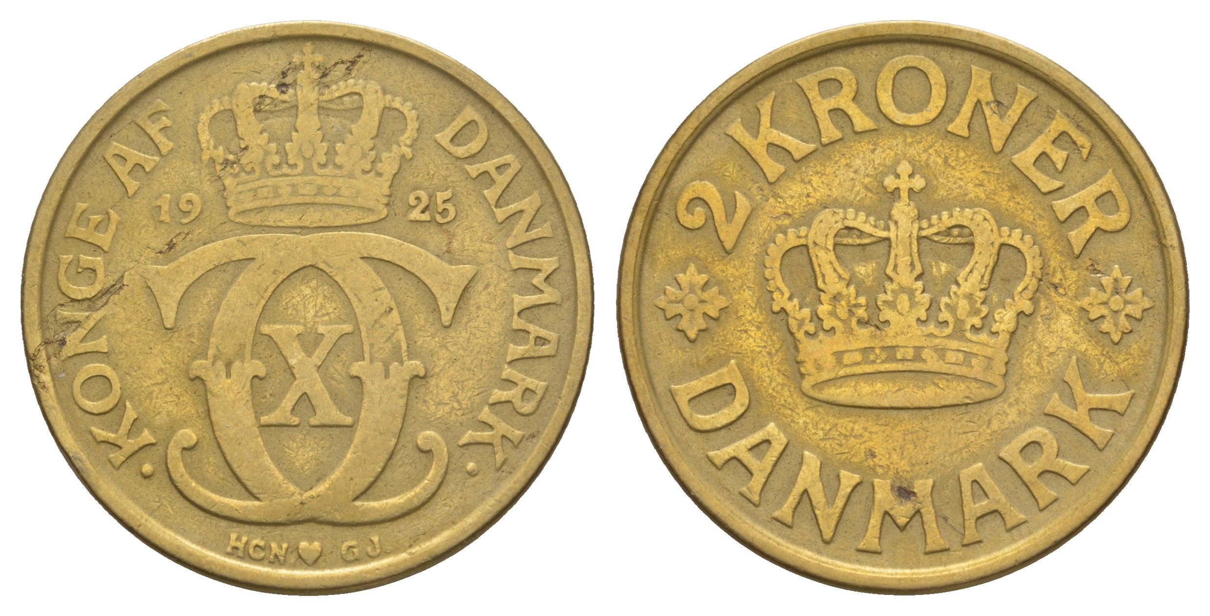 Дания 2 кроны 1925 HCN; GJ, Кристиан X (1912-1947) KM 825 алюминиевая бронза 114-1015