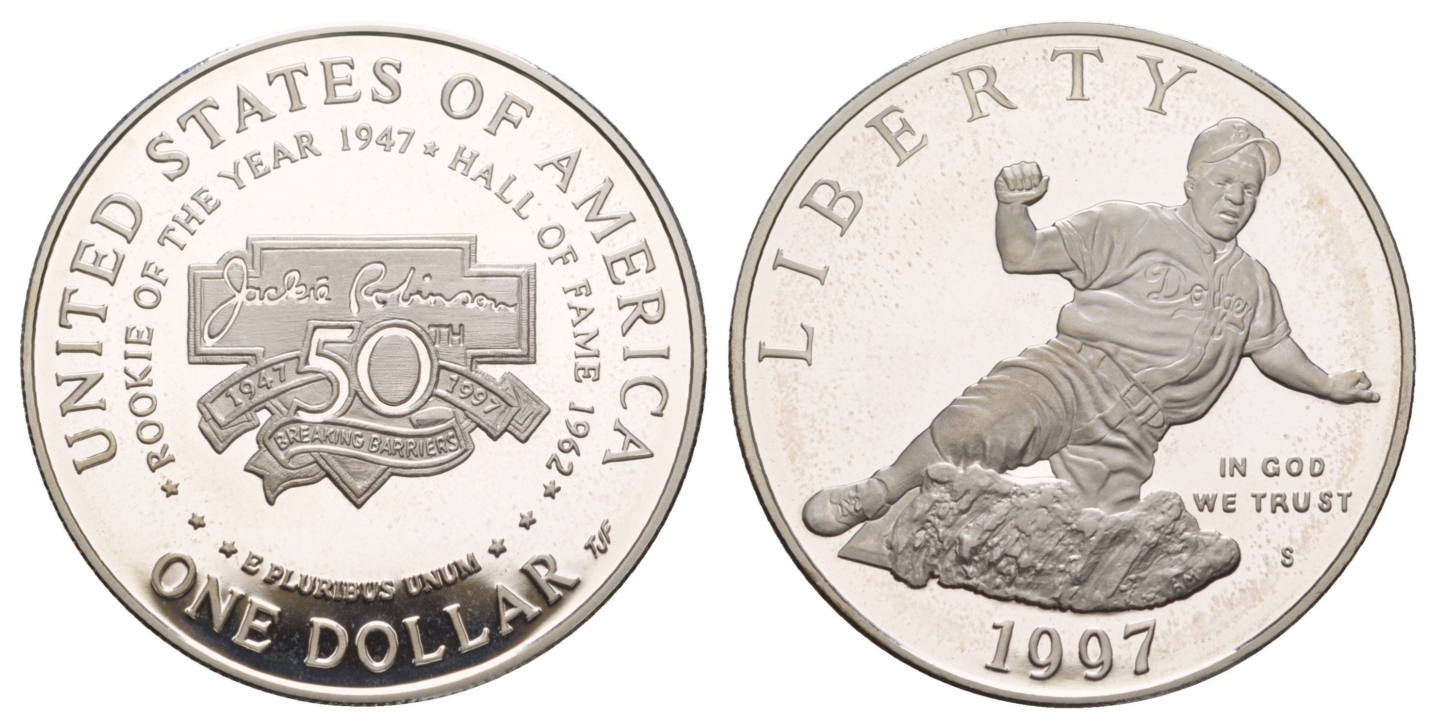 США 1 доллар 1997 S, 50-летие Джеки Робинсона, Бейсбол KM 279 серебро PROOF 11-256-12