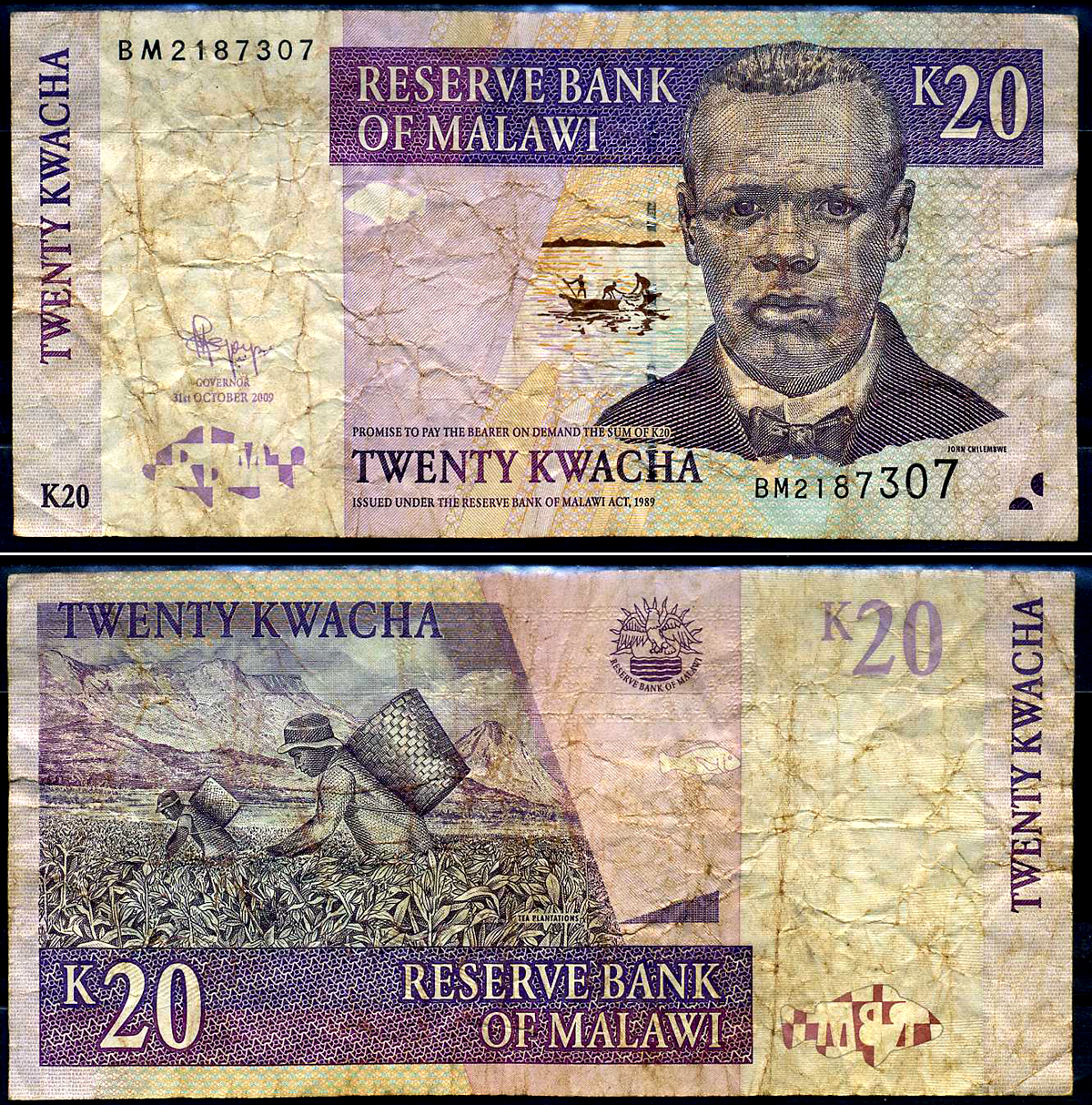 Малави 20 квача 2009 Джон Чилембве, озеро Малави, сбор чая Pick 52 d бумага 8592-1-3-1