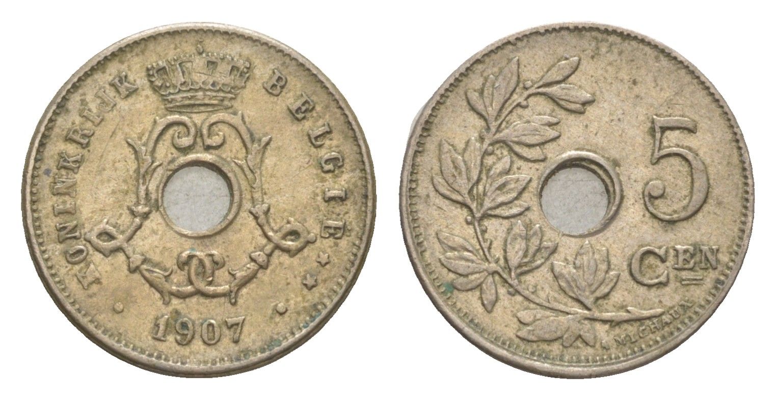 Бельгия 5 сантимов 1907 Belgie, Леопольд I (1865-1909) KM 55 медно-никель 4615-868