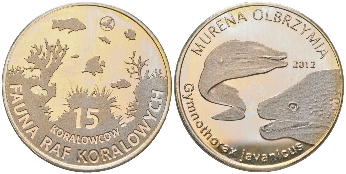 Польша 15 коралов 2012 фауна коралловых рифов- Гигантская мурена, диаметр 32 мм вес 10 5 грамм медь PROOF 00-00