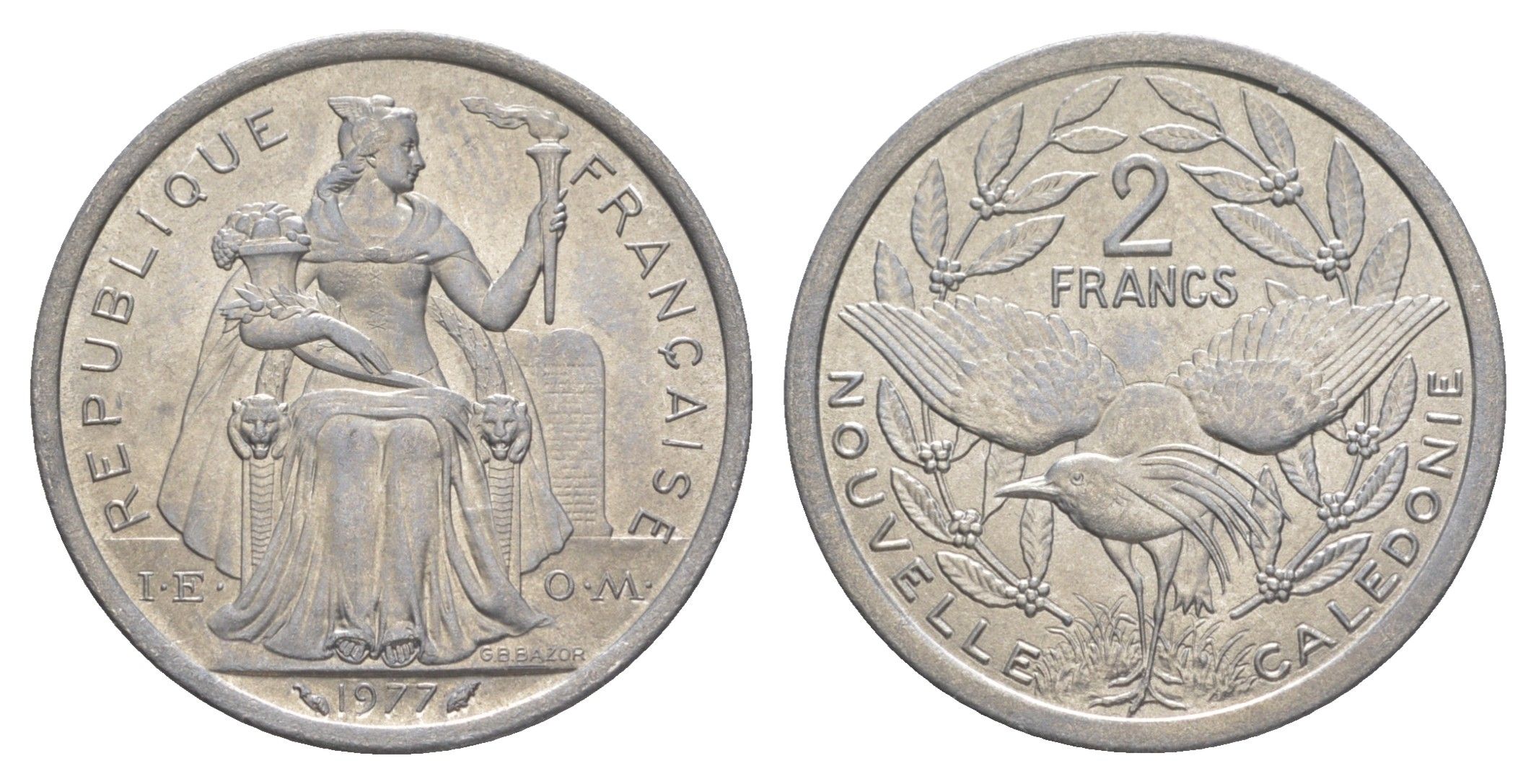 Французская Новая Каледония 2 франка 1977 KM 14 алюминий UNC 4641-137