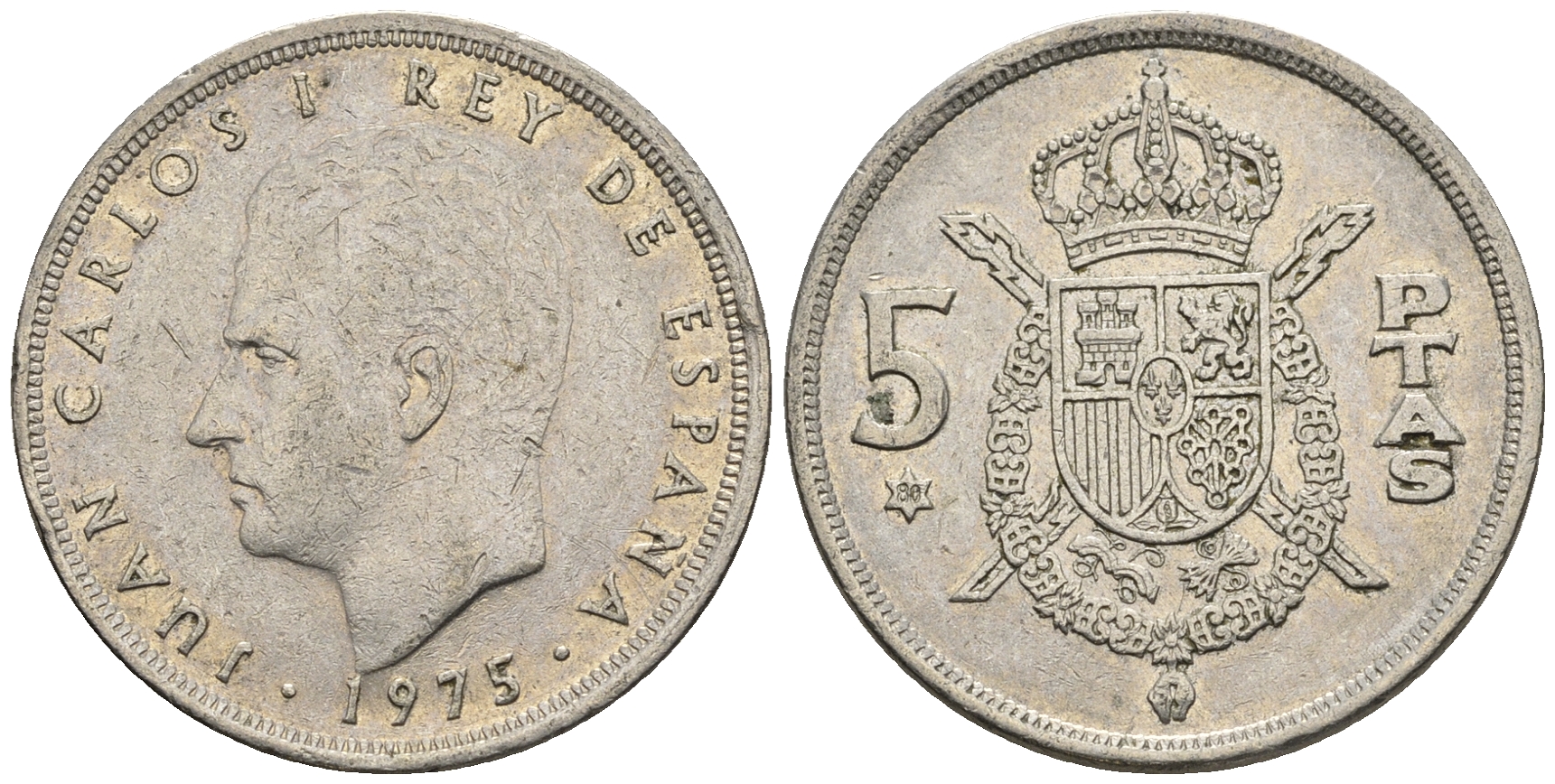 Испания 5 песет 1975 (80) Хуан Карлос I (1975-2014) KM 807 медно-никель 85-736