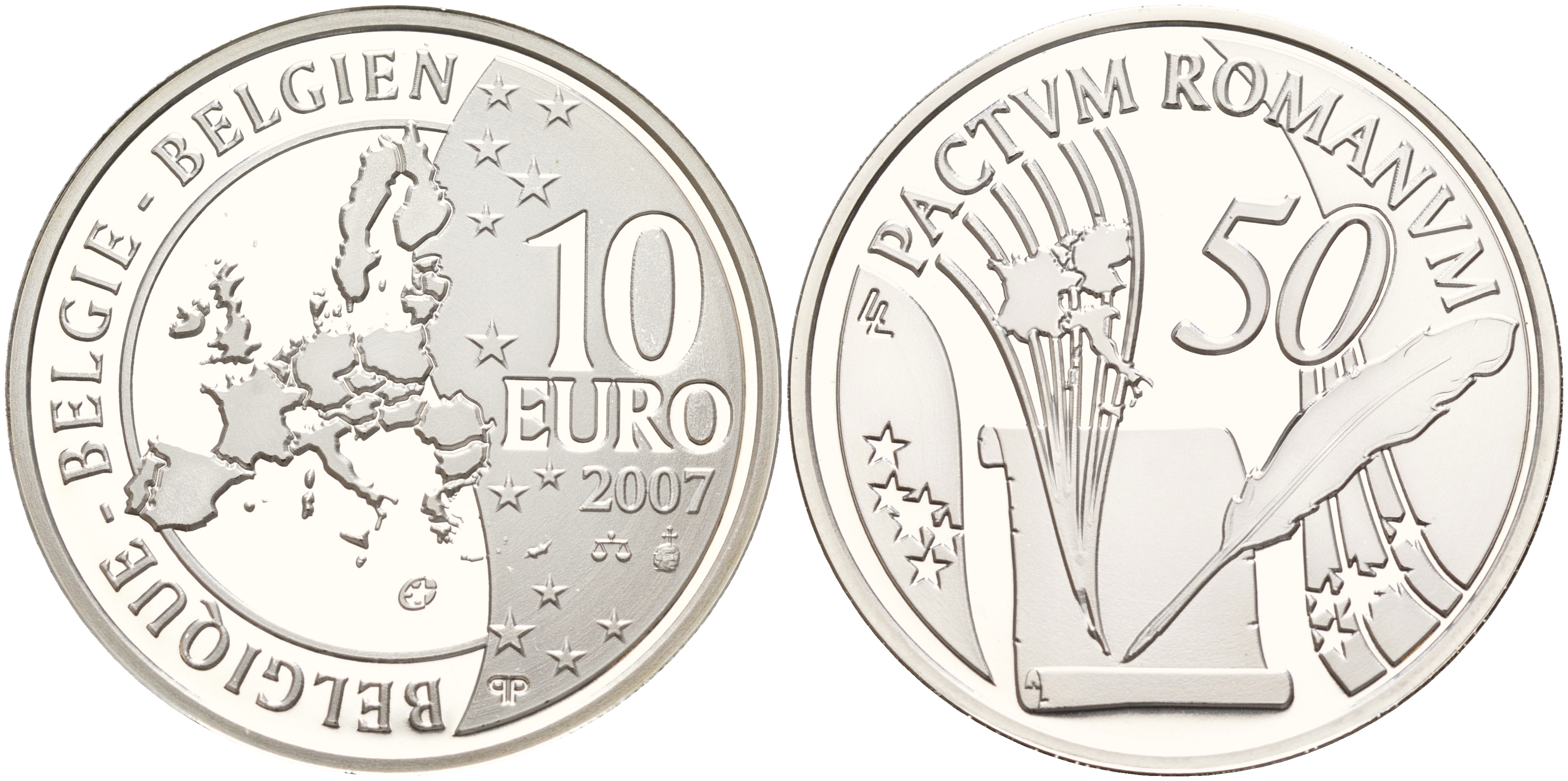 Бельгия 10 евро 2007 50 лет Римскому договору KM 260 серебро PROOF 01-234-25