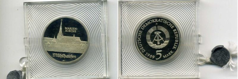 ГДР 5 марок 1989 А, Мариенкирхе в Мюльхаузене, тираж 3200 экз., в оригинальной упаковке, с пломбой KM 130 медь цинк никель PROOF 5-3-1-13