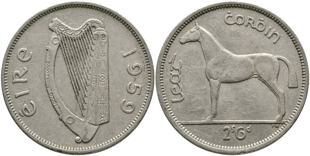 ИРЛАНДИЯ 1/2 КРОНЫ = 2 ШИЛЛИНГА 6 ПЕНСОВ 1959 ЛОШАДЬ KM 16а медно-никель 4531-845