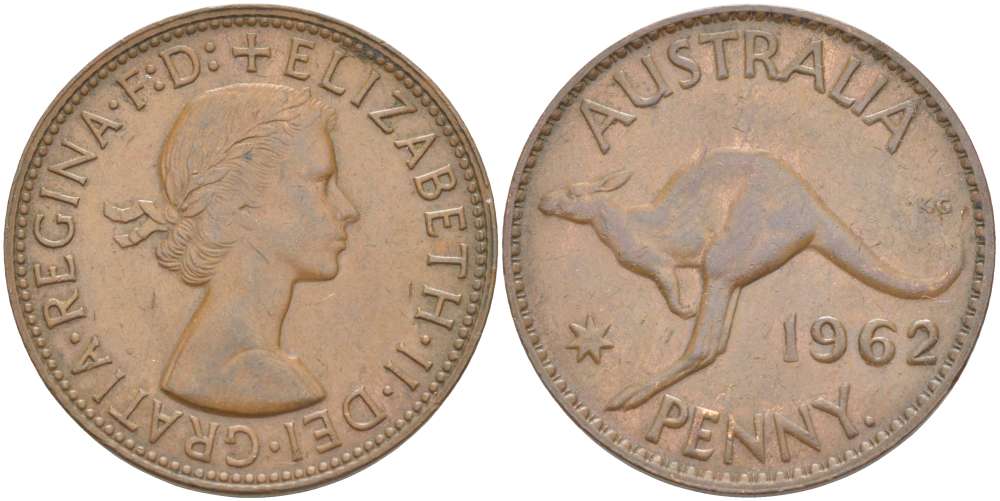 Австралия 1 пенни 1962 p, Елизавета II (1952-2022), кенгуру KM 56 бронза 4389-314