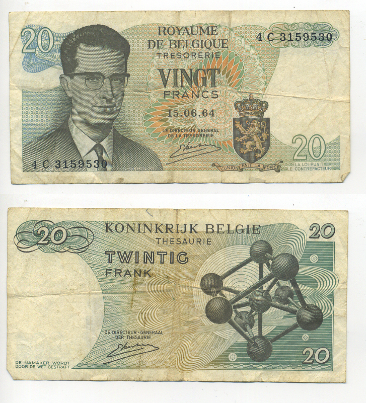 Бельгия 20 франков 1964 Бодуэн I, атомиум, Kestens Pick 138 (3) бумага 6280-14-3-1