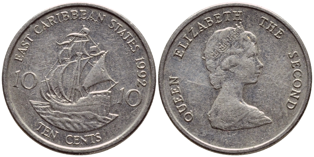 Восточно-Карибские штаты 10 центов 1992 Елизавета II (1952-2022), парусник KM 13 медно-никель 4396-619