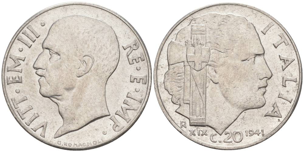 ИТАЛИЯ 20 ЧЕНТЕЗИМО 1941 R, ГОД XIX, ВИКТОР ЭММАНУИЛ III (1900-1946) KM 75b, VEM3. 1028 нержавеющая сталь 3853-637