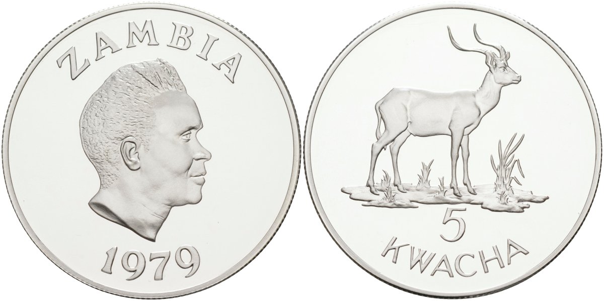Замбия 5 квача 1979 WWF, серия защита окружающей среды, антилопа личи,  тираж 25000 экз. KM 18а серебро PROOF 00-000-00