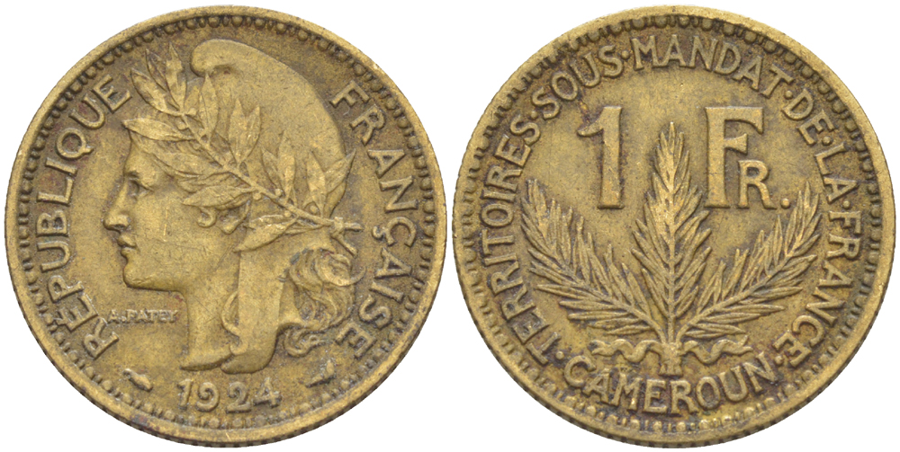 Французский Камерун 1 франк 1924 (а), монетный двор Париж KM 2 алюминиевая бронза 4610-555