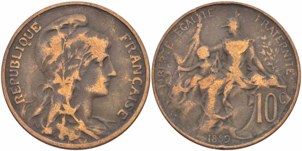 ФРАНЦИЯ 10 САНТИМОВ 1899 ТИП ДАНИЭЛЬ ДЮПЮИ KM 843, LA FRANC 136.8 бронза 109-134