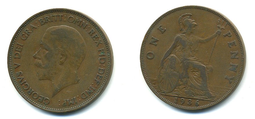 Великобритания 1 пенни 1936 Георг V (1910-1936) KM 838, Spink 4055 бронза 4110-313