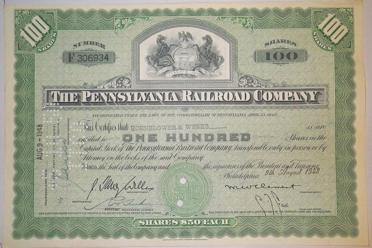 США, The Pennsylvania Railroad Company 100 акций 1948 бумага 8805-68-1