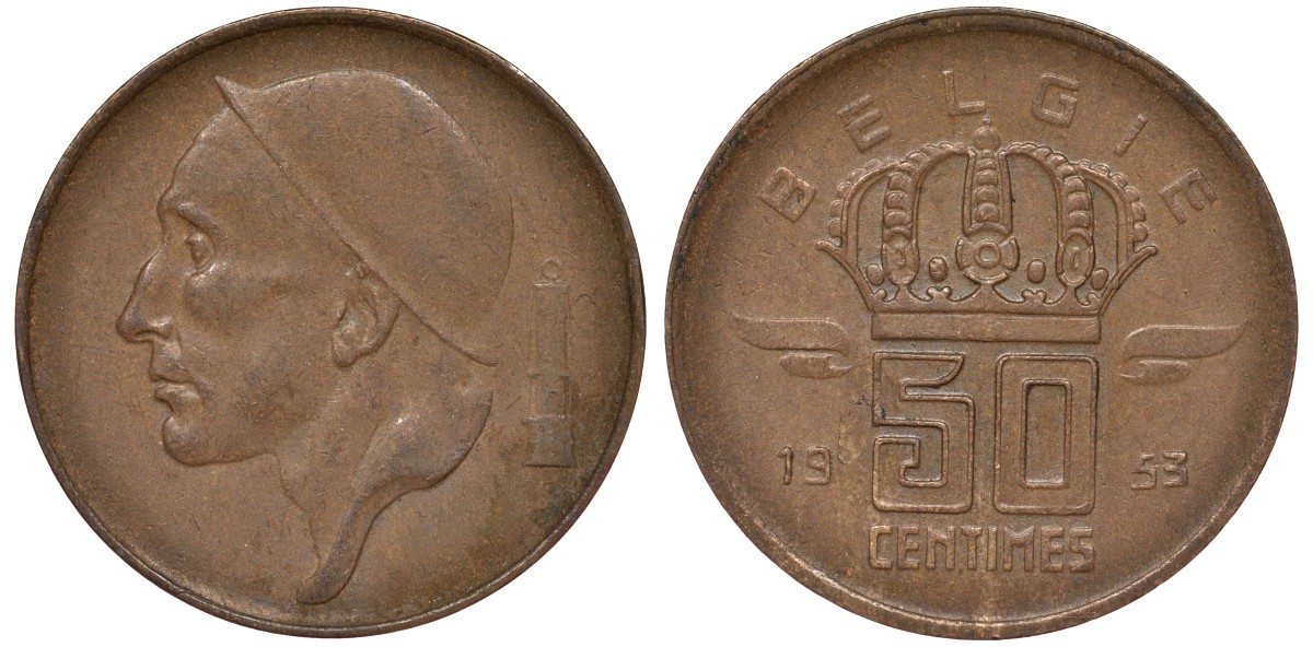 Бельгия 50 сантимов 1953 Belgie KM 145 бронза 4164-317