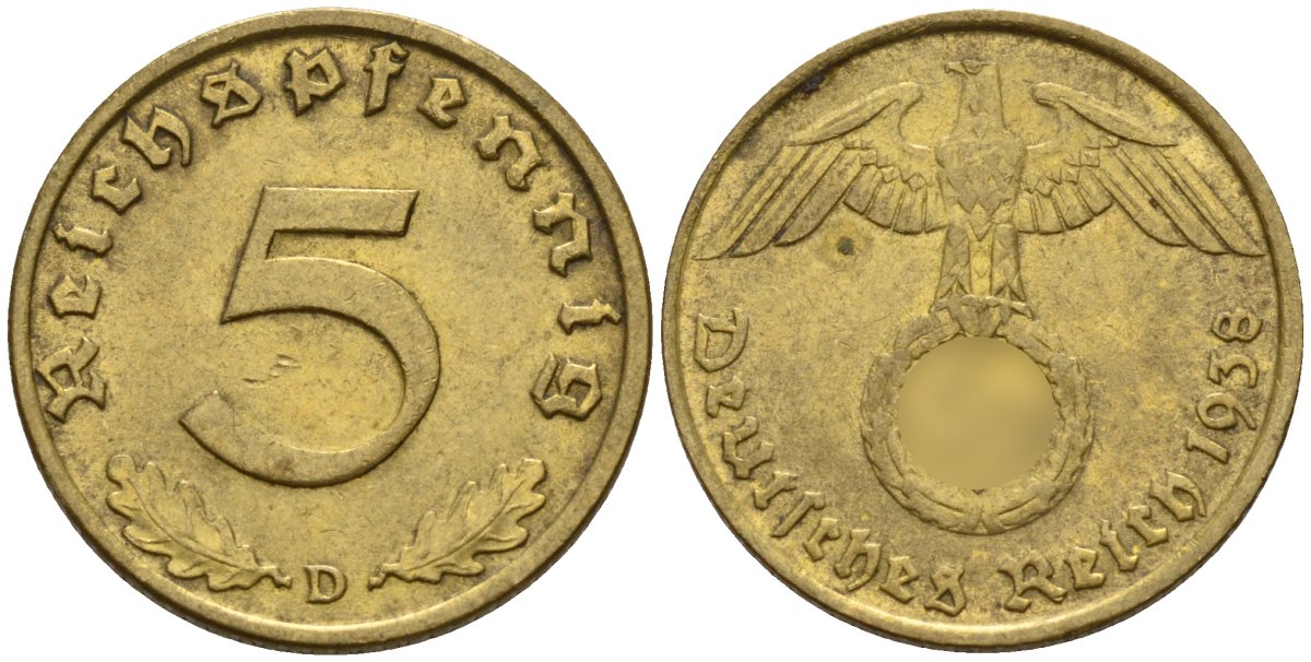 Германия 5 рейхспфеннигов 1938 D KM 91, J. 363 алюминиевая бронза 4151-841