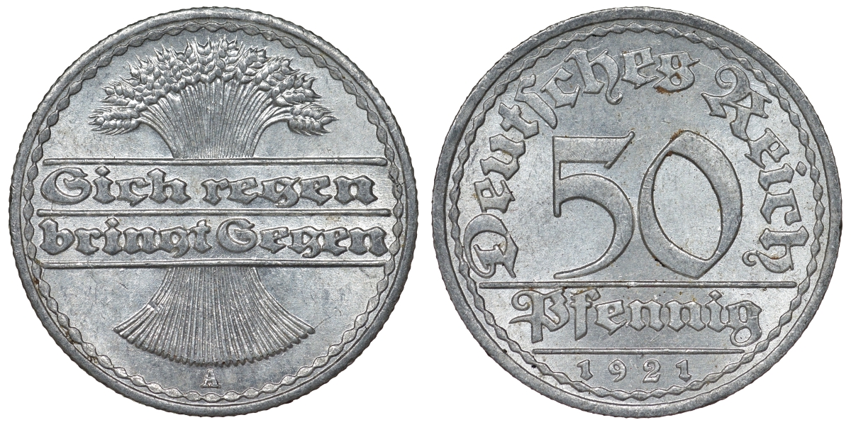 Германия 50 пфеннигов 1921 A KM 27, J. 301, Weege 10 алюминий 4121-1136