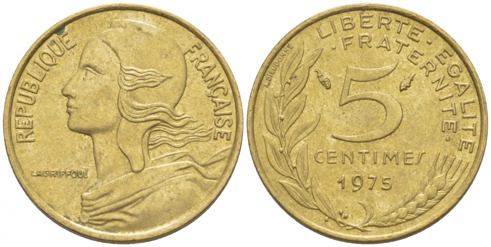 ФРАНЦИЯ 5 САНТИМОВ 1975 ТИП MARIANNE KM 933 медь алюминий никель 3309-1041