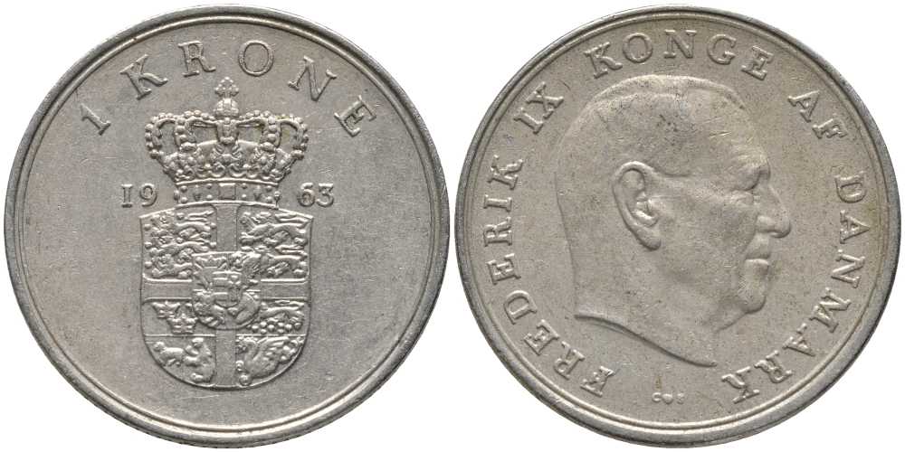 ДАНИЯ 1 КРОНА 1963 C;S, ФРЕДЕРИК IX (1947-1972) KM 851.1 медно-никель 113-854