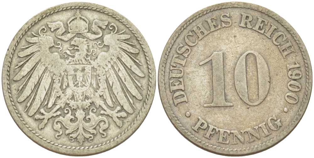 Германия 10 пфеннигов 1900 D KM 12, J. 13, Weege 8 медно-никель 259-814