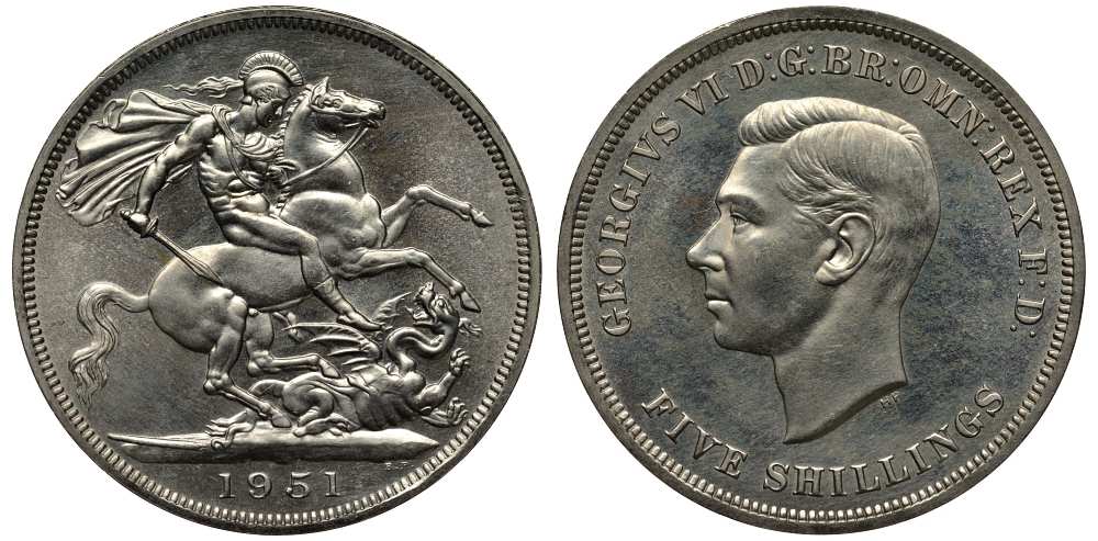 Великобритания 5 шиллингов = 1 крона 1951 Георг VI (1936-1952), фестиваль Британии, Георгий Победоносец KM 880, Spink 4111 медно-никель Prooflike 1518-215