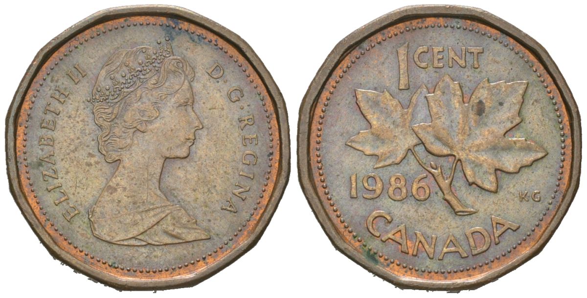 Канада 1 цент 1986 Елизавета II (1952-2022), кленовый лист KM 132 бронза 192-428