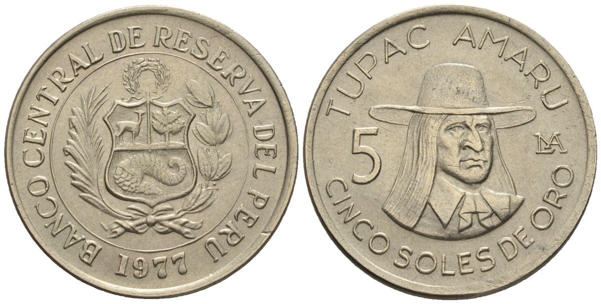 Перу 5 солей 1977 Тупак Амару KM 267, Schoen 67 медно-никель UNC 4514-624