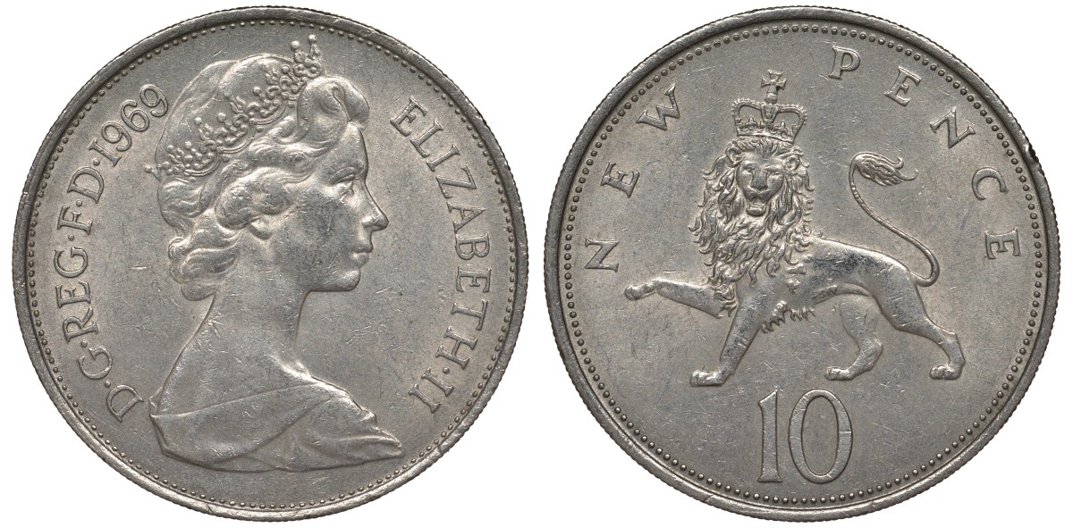 Великобритания 10 пенсов 1969 Елизавета II (1952-2022) KM 912, Spink 4231 (F1) медно-никель 4123-832