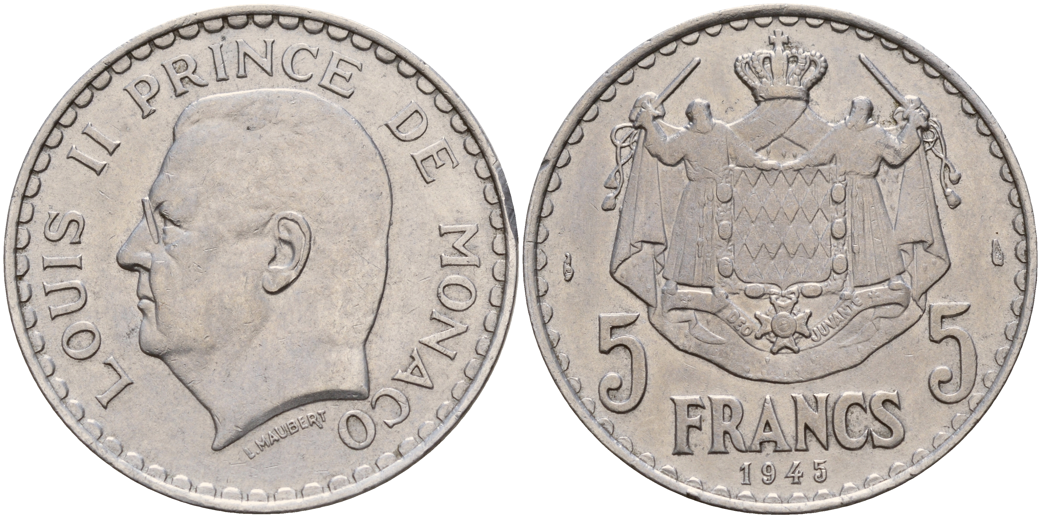 Монако 5 франков 1945 Луи II (1922-1949) KM 122 алюминий    4599-426