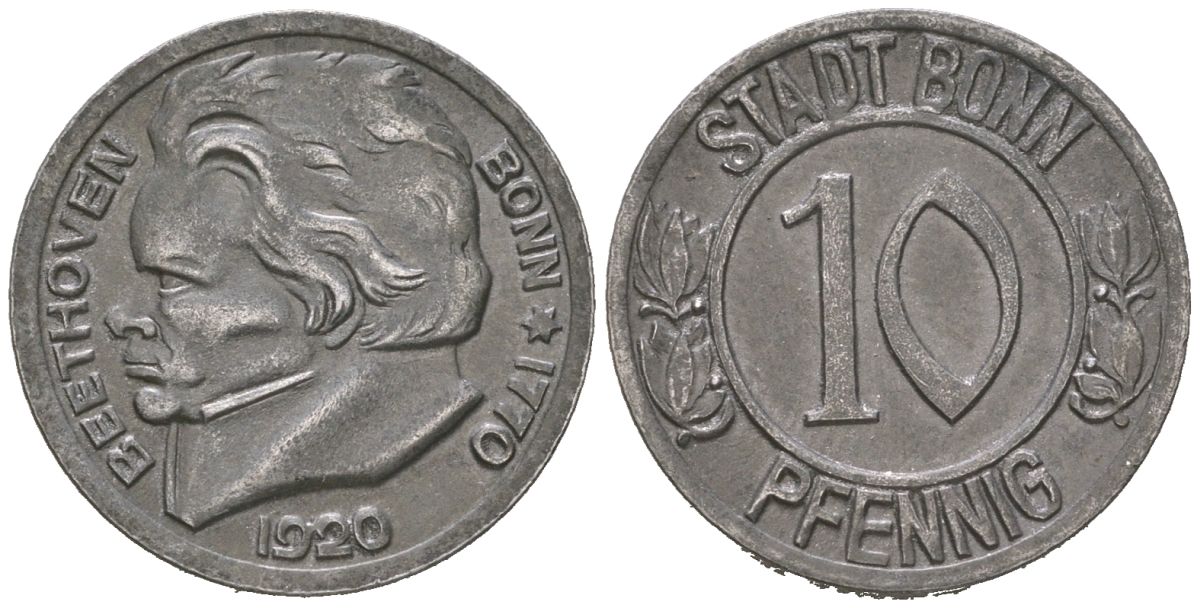 Бонн 10 пфеннигов 1920 Бетховен, Северный Рейн-Вестфалия, нотгельд Funck 51.1A, Men05 3220.1, Men18 4134.1 железо 84-354