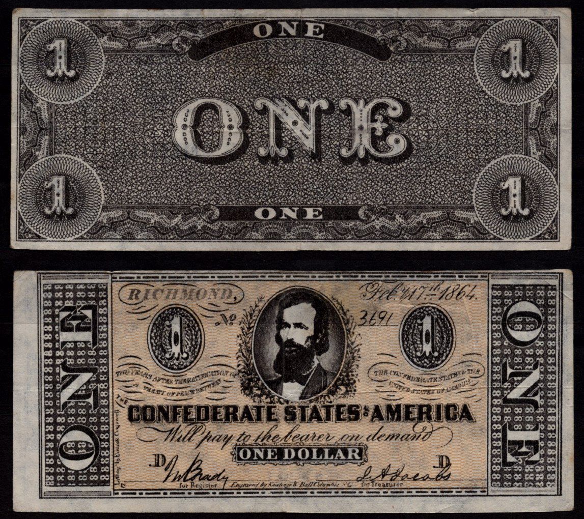 Конфедеративные Штаты Америки 1 доллар 1864 копия банкноты. Клемент Клэйборн Клей бумага 6289-13-1-1