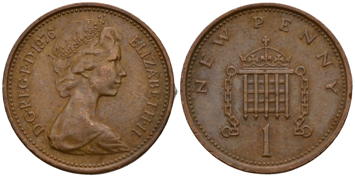 Великобритания 1 пенни 1976 Елизавета II (1952-2022) KM 915, Spink 4237 (B1) бронза 4602-112