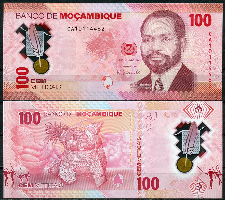 Мозамбик 100 метикалов 2024 Самора Машел, корзина фруктов Pick 157  пластик  UNC (пресс) 448-101-3