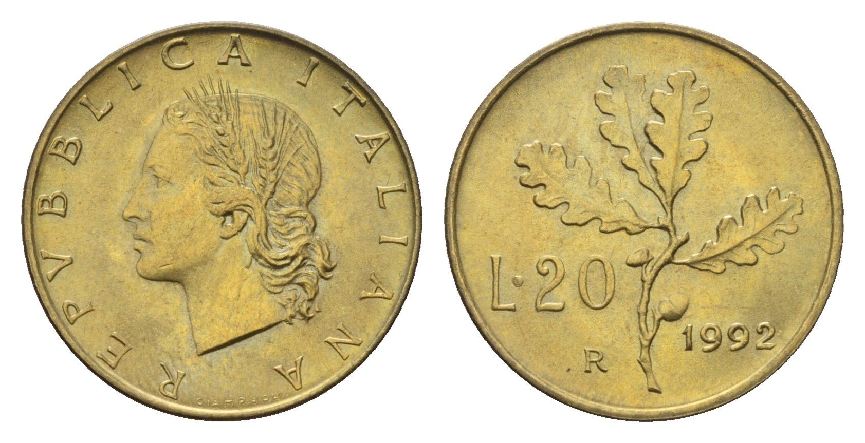 Италия 20 лир 1992 R, дубовые листья KM 97 алюминиевая бронза UNC 4685-147