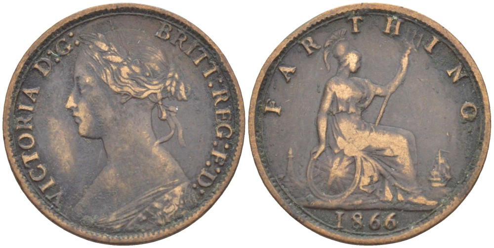 Великобритания 1 фартинг 1866 Виктория (1837-1901) KM 747.2, Spink 3958 бронза 4543-847