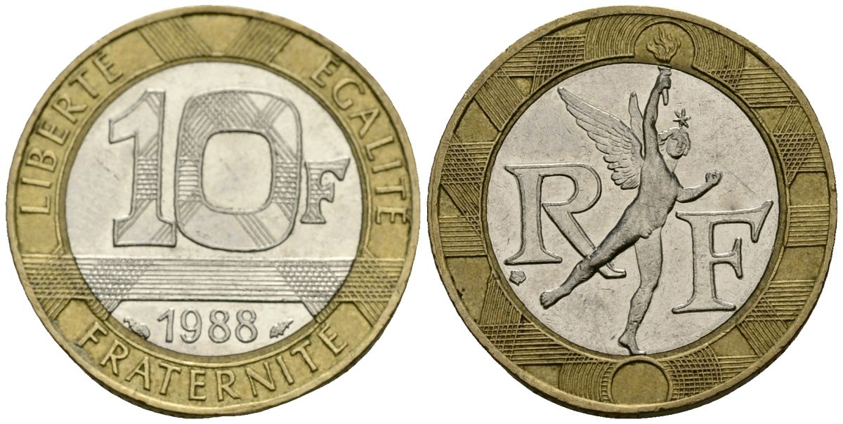 Франция 10 франков 1988 тип гений Бастилии KM 964.1, Le Franc 375.2 биметалл 4135-527