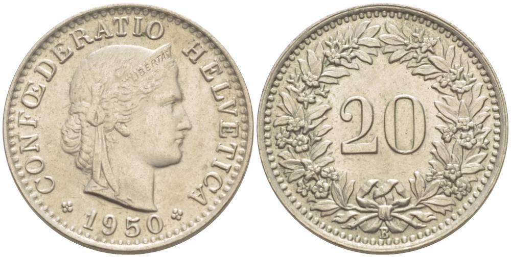 ШВЕЙЦАРИЯ 20 РАППЕНОВ 1950 В KM 29а медно-никель 4511-914