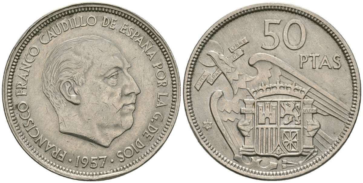Испания 50 песет 1957 (58) Франциско Франко (1939-1975) KM 788 медно-никель 81-532