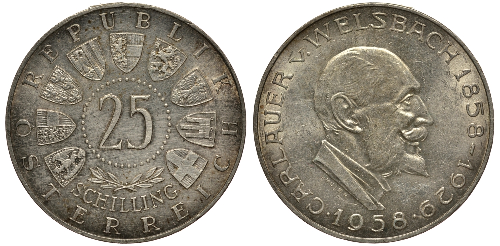 Австрия 25 шиллингов 1958 100 лет со дня рождения Карла Вельсбаха KM 2884 серебро aUNC 1520-121