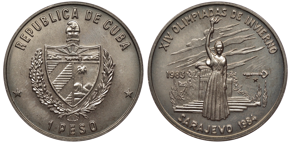 Куба 1 песо 1983 XIV зимние Олимпийские игры в Сараево 1984 года, олимпийский огонь KM 195 медно-никель UNC 4557-924