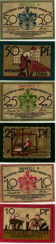 Германия, Вайда набор из 3 банкнот 1921 нотгельд, земля Тюрингия, 10, 25, 50 пфеннигов Keller 1391.1  бумага  UNC (пресс) 7218-6-1