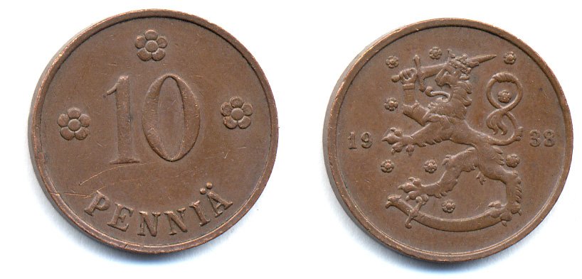 Финляндия 10 пенни 1938 KM 24 медь 51-5653