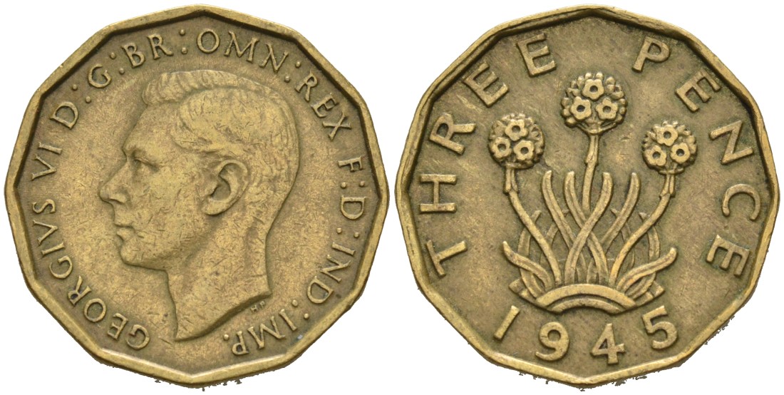 Великобритания 3 пенса 1945 Георг VI (1937-1952) KM 849, Spink 4112 никель латунь 4561-1011