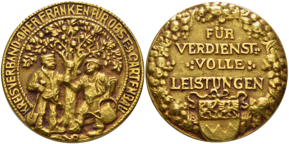 Бавария, Бранденбург медаль ND за особые заслуги и достижения, объединение свободных профсоюзов Верхней Франконии для садоводства и огородничества, диаметр 47 мм., вес 52,3 гр., латунное литье латунь 11-098-32