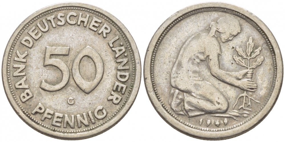 ФРГ 50 пфеннигов 1949 G KM 104, J. 379 медно-никель 112-943