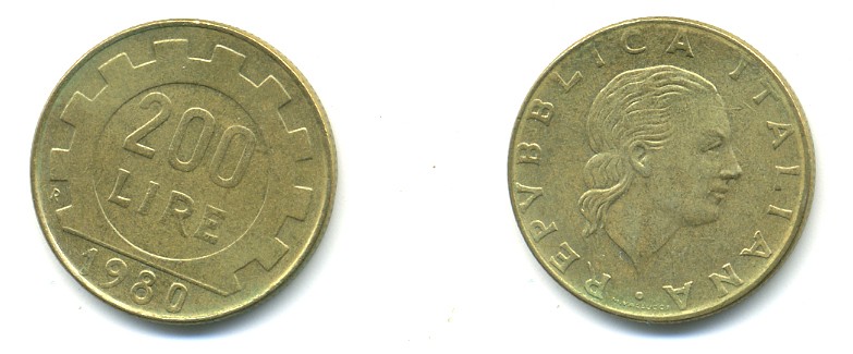 Италия 200 лир 1980 R, шестерня KM 105 алюминиевая бронза 4379-417