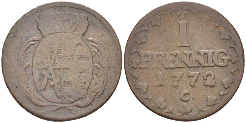 САКСОНИЯ 1 ПФЕННИГ 1772 С, ФРИДРИХ АВГУСТ III (1763-1806) KM 1000 (С91) медь 206-353