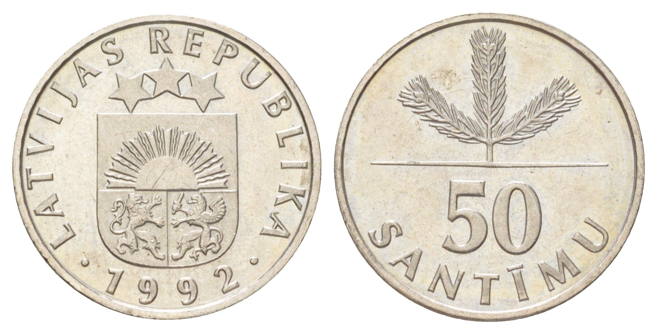 Латвия 50 сантимов 1992 KM 13 медно-никель UNC 4625-623